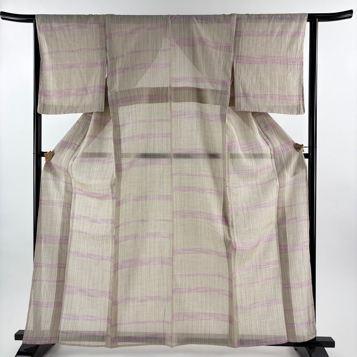 紬 身丈161 5 cm 裄丈64 M 薄物 小千谷縮 証紙 縞 薄茶色 麻