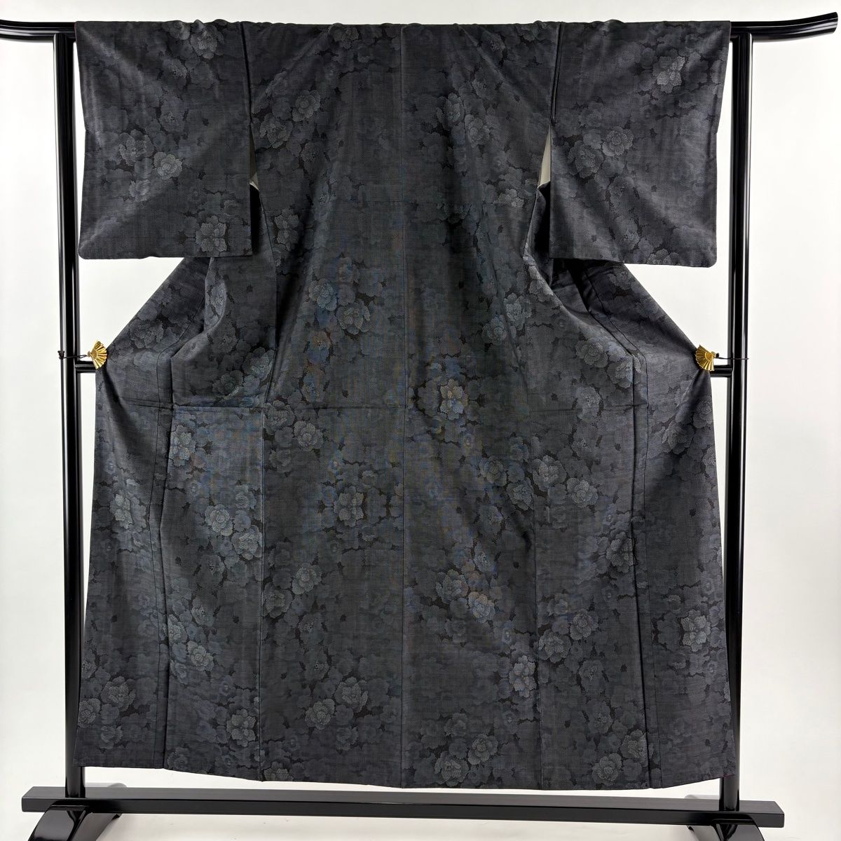 大島紬 身丈155 5 cm 裄丈63 S 袷 都喜ヱ門 純泥染 証紙 花柄 墨色 正絹