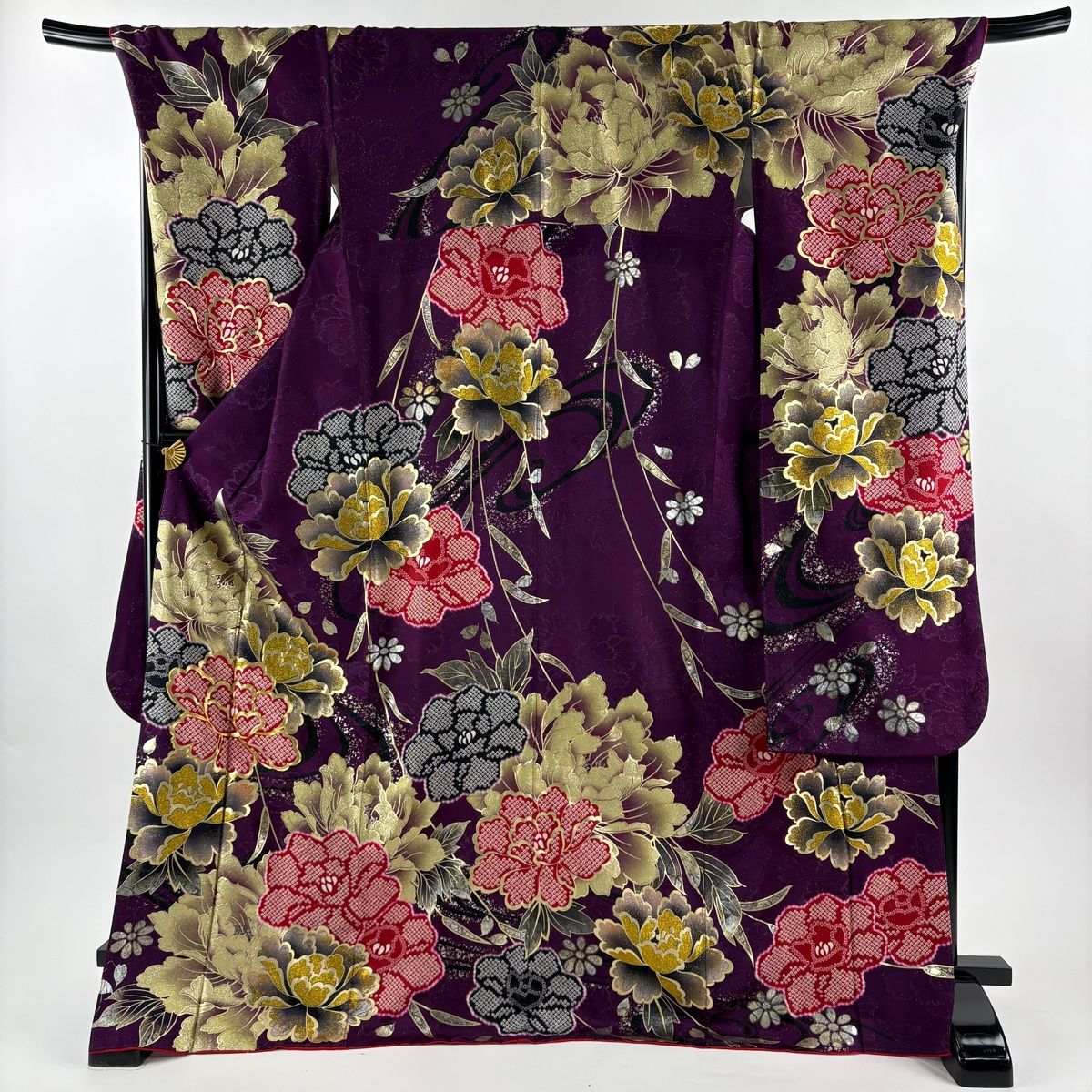 振袖 身丈172.5 cm 裄丈71 L 袷 えるどらど 落款 牡丹 草花 銀通し 金糸 紫 正絹