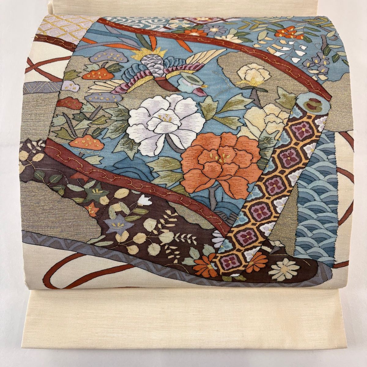 袋帯 巻物 花鳥 金糸 ベージュ お太鼓柄 正絹