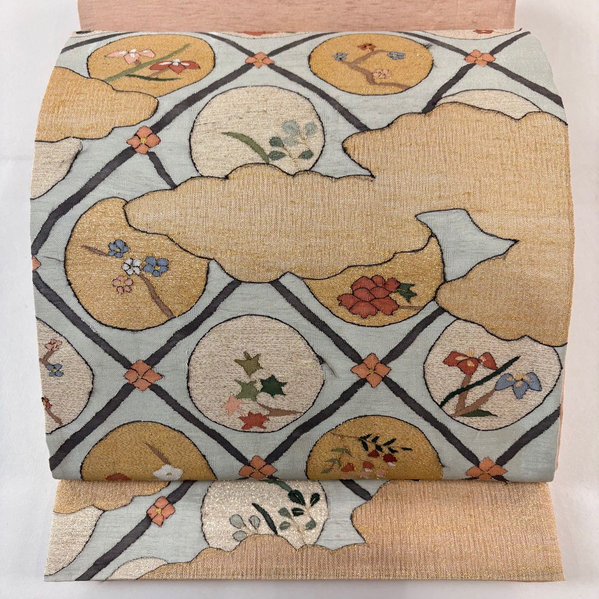 袋帯 丸文 雲文 箔 水色 お太鼓柄 正絹