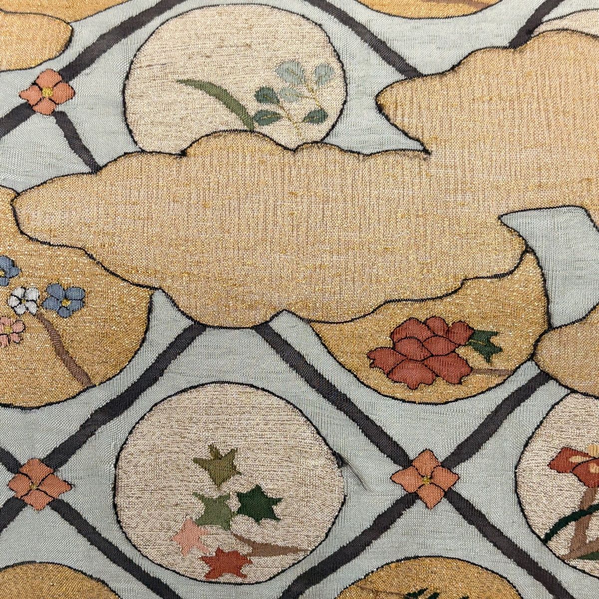 袋帯 丸文 雲文 箔 水色 お太鼓柄 正絹