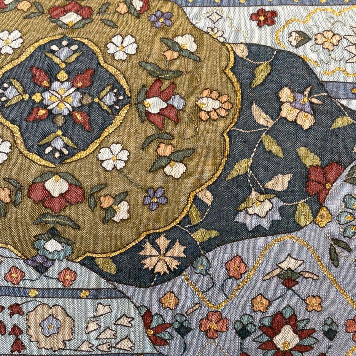 袋帯 花唐草 金糸 青灰色 お太鼓柄 正絹