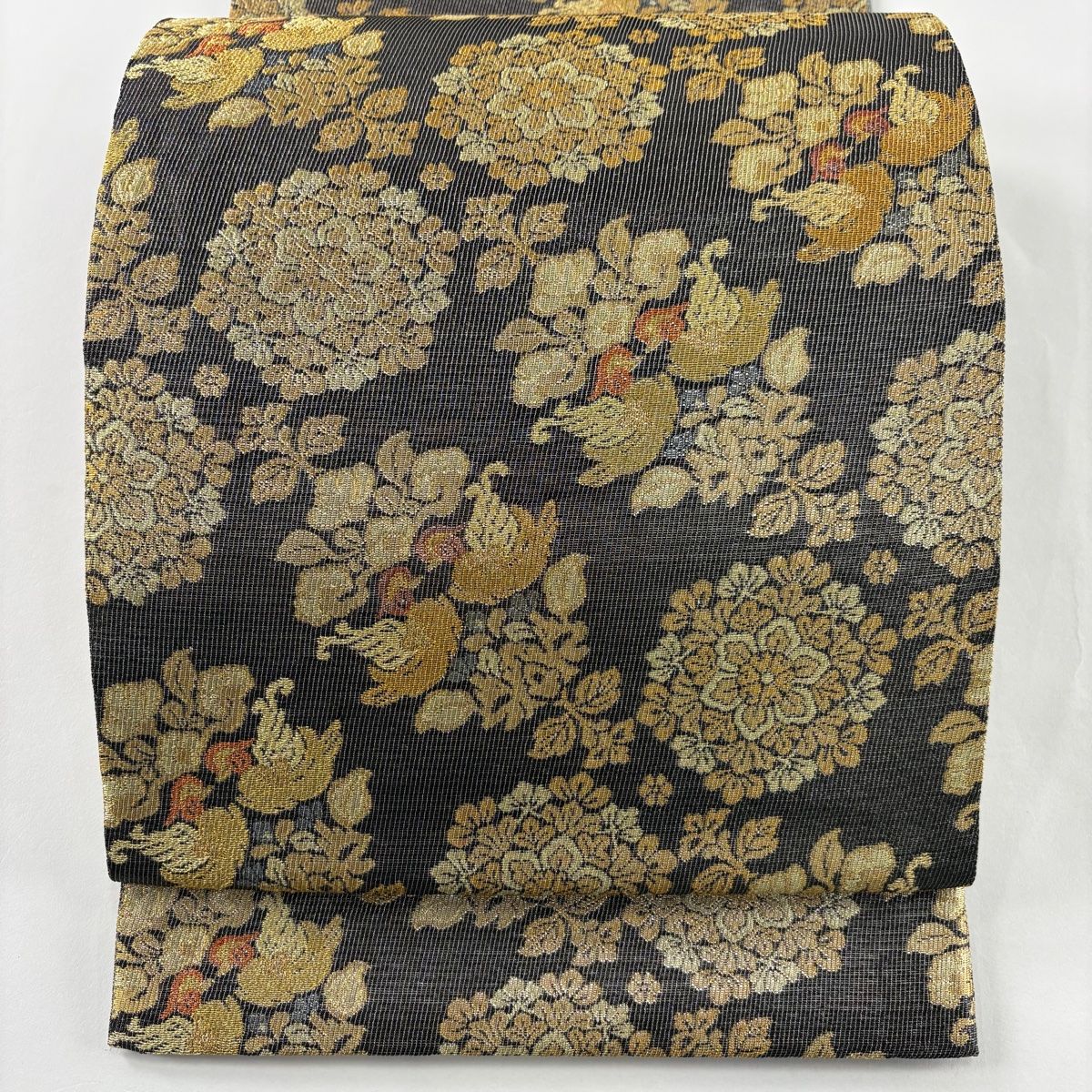袋帯 紋屋井関 落款 華文 草花 金糸 箔 墨色 六通 正絹