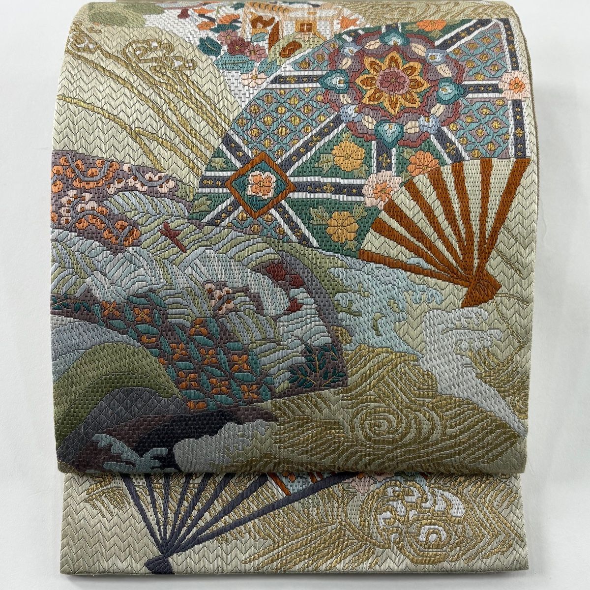 袋帯 扇 建物 金糸 絽刺し 灰緑 お太鼓柄 正絹