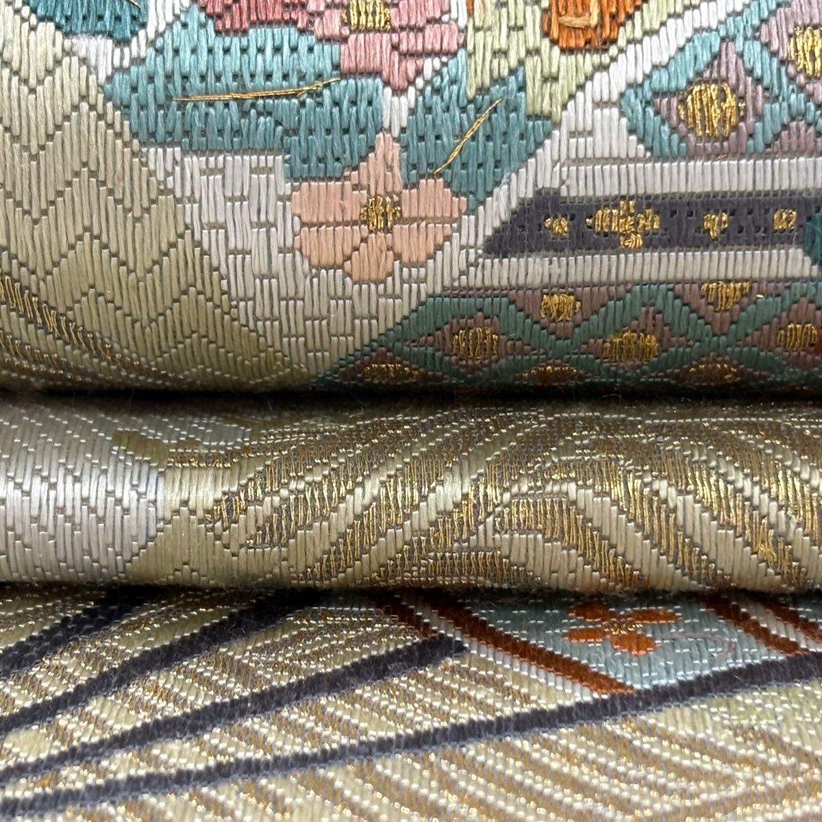  袋帯 扇 建物 金糸 絽刺し 灰緑 お太鼓柄 正絹 袋帯 帯