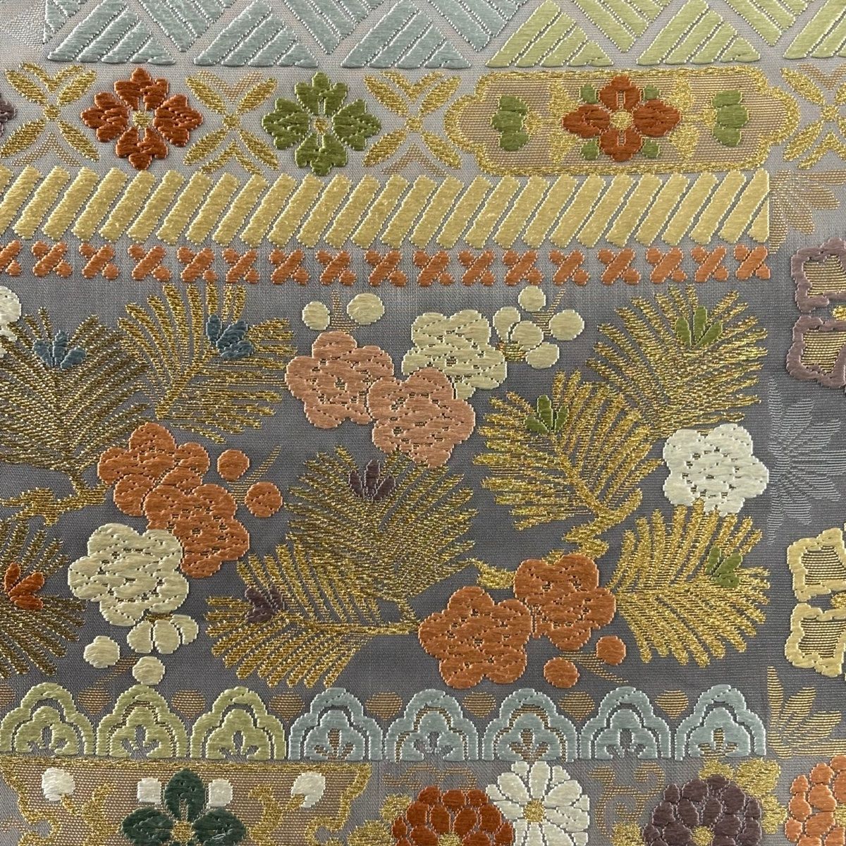 袋帯 落款 証紙 藤原織物 松梅 菊唐草 金糸 箔 灰色 六通 正絹