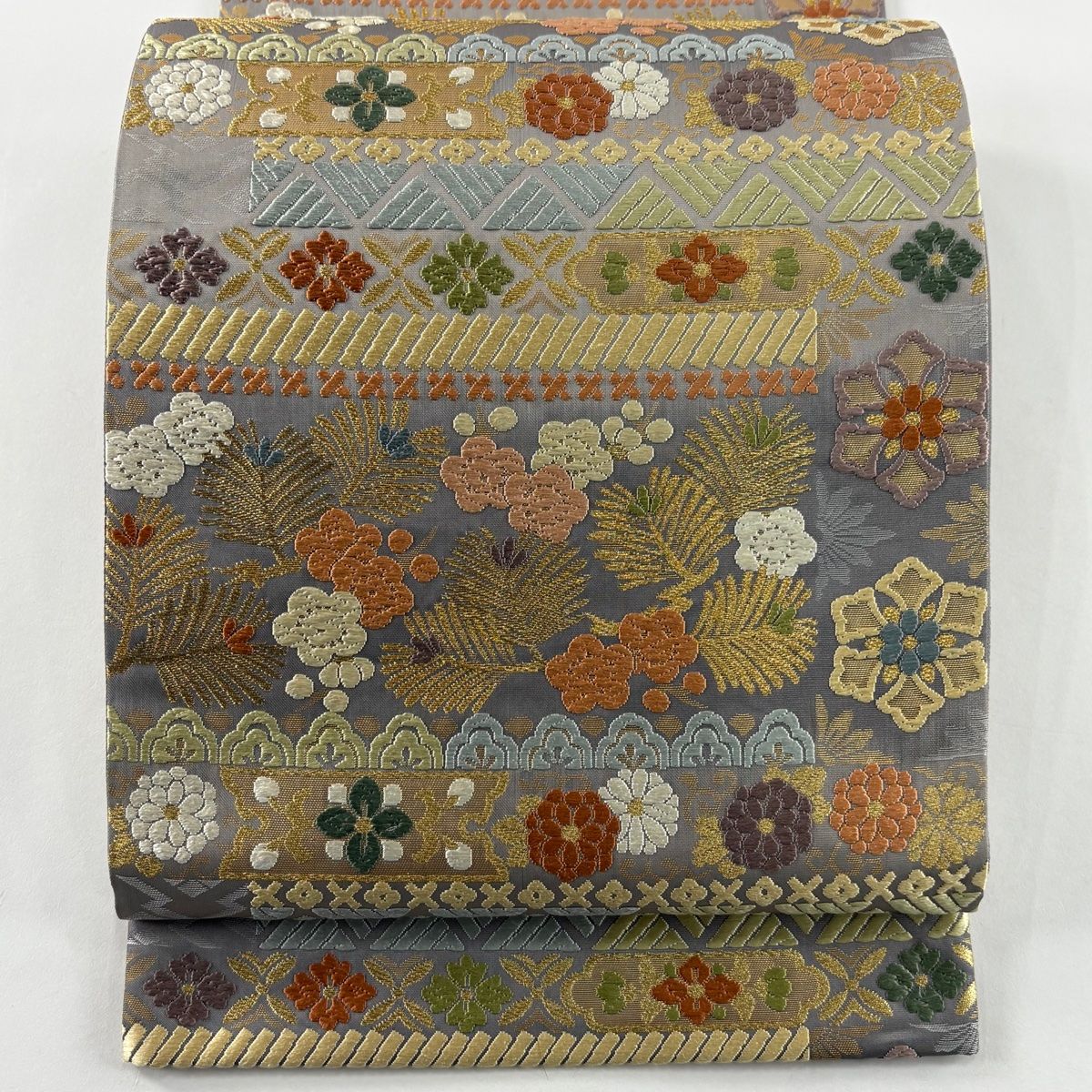 袋帯 落款 証紙 藤原織物 松梅 菊唐草 金糸 箔 灰色 六通 正絹