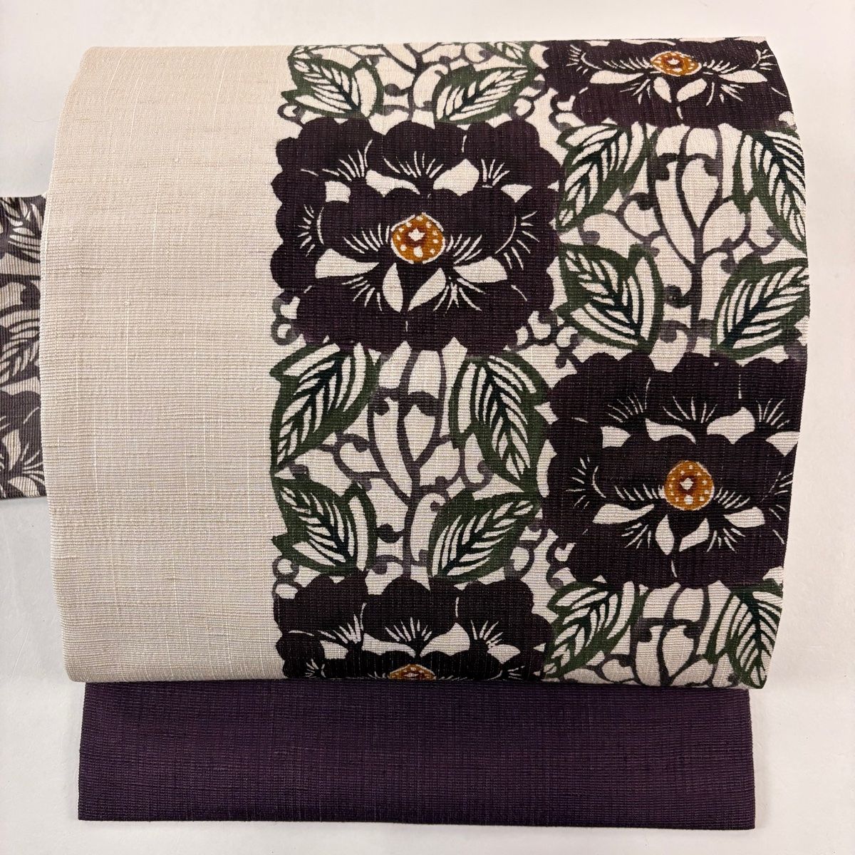 美品】 名古屋帯 逸品 落款 下平清人 紬地 型絵染 草花 ベージュ 正絹