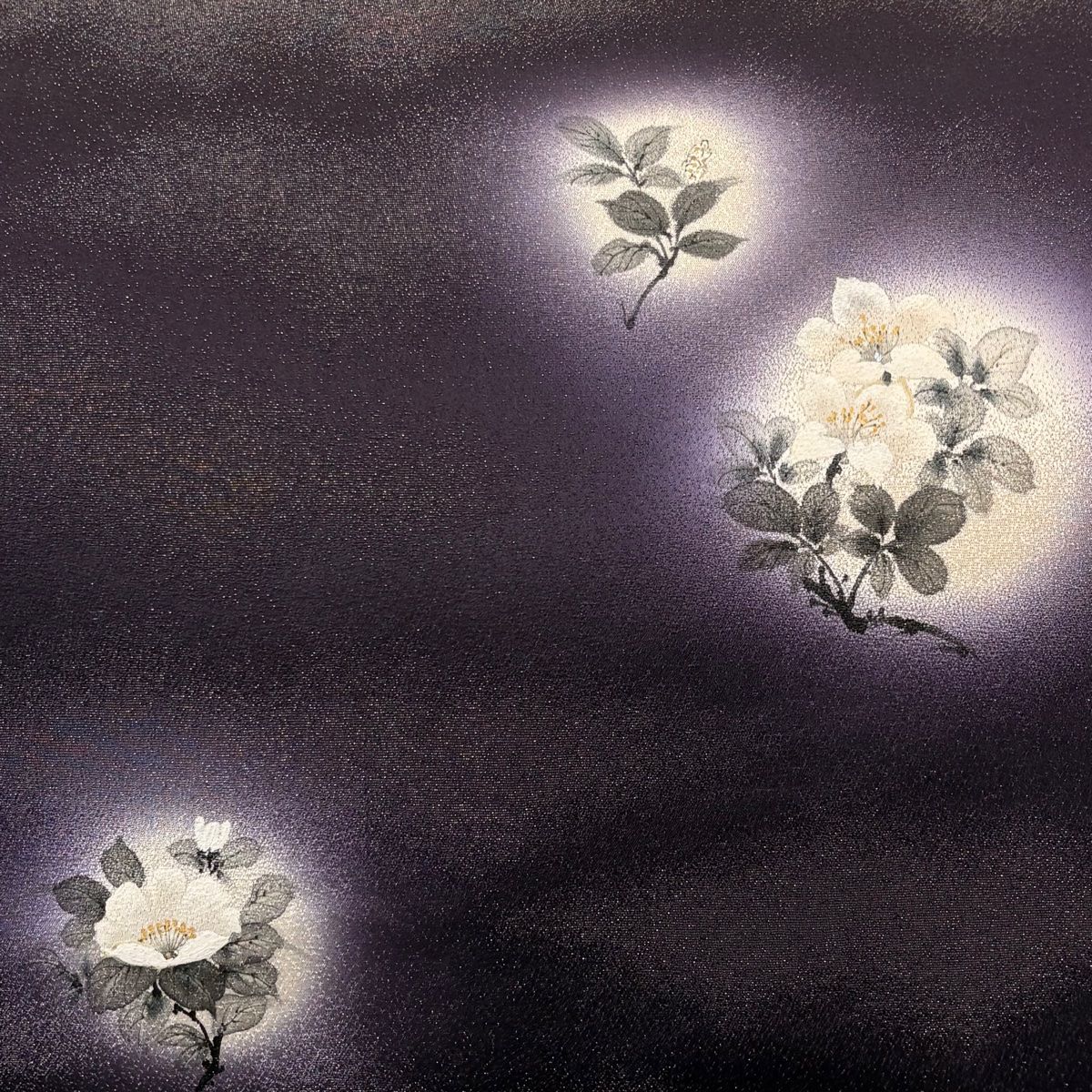 名古屋帯 草花 銀通し ぼかし 濃紫 正絹