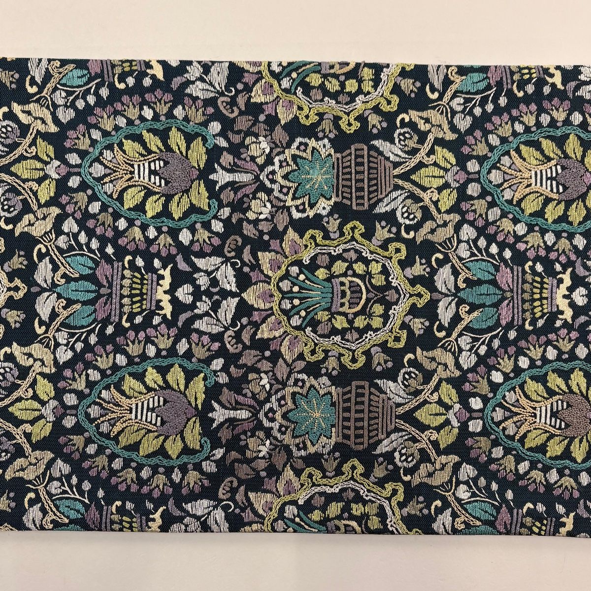 刺繍 相良 六通 袋帯 正絹 美品】 袋帯 逸品 草花 幾何学模様 刺繍 相良刺繍 青緑 六通 正絹