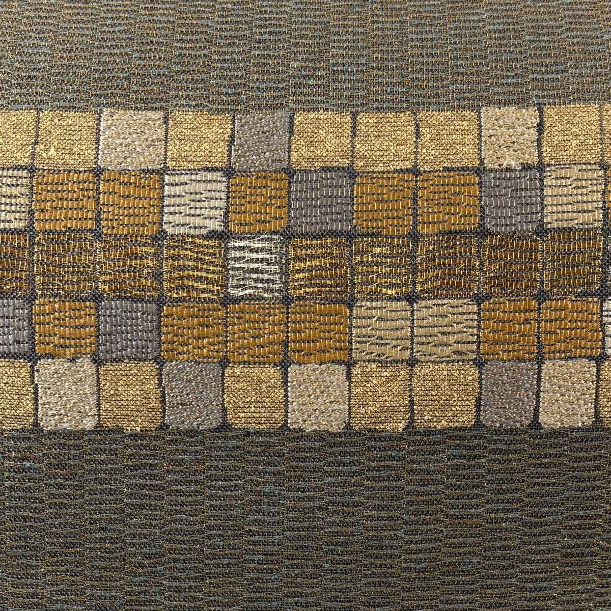 袋帯 格子 縞 金銀糸 金通し 灰緑 六通 正絹