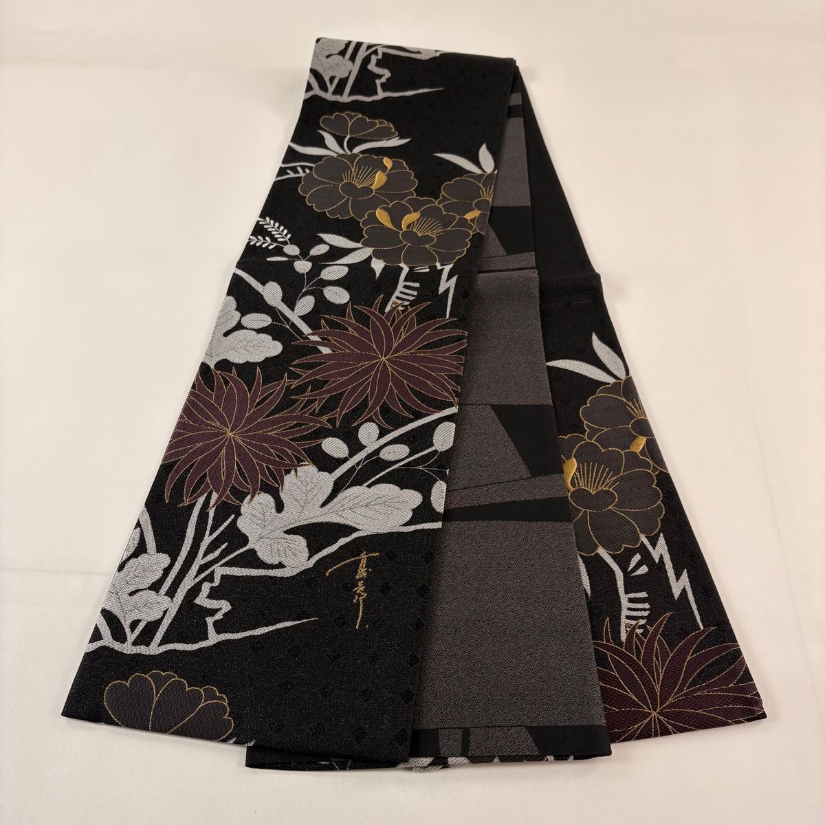  袋帯 斉藤上太郎 落款 草花 萩 金銀糸 銀通し 黒 六通 正絹 袋帯 帯