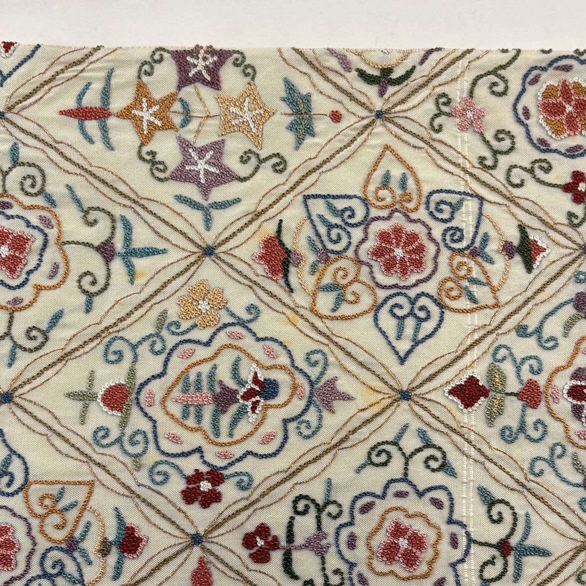  袋帯 華文 菱 相良刺繍 金糸 クリーム お太鼓柄 正絹 袋帯 帯