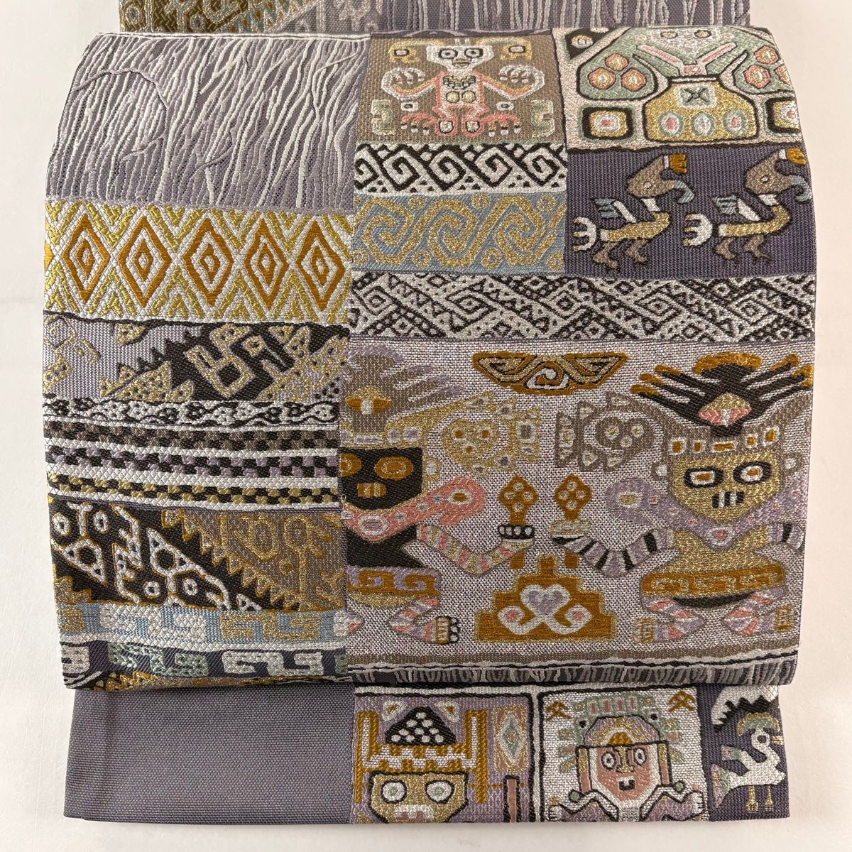 袋帯 証紙 チャンカイ麗飾文 金銀糸 箔 灰紫 六通 正絹