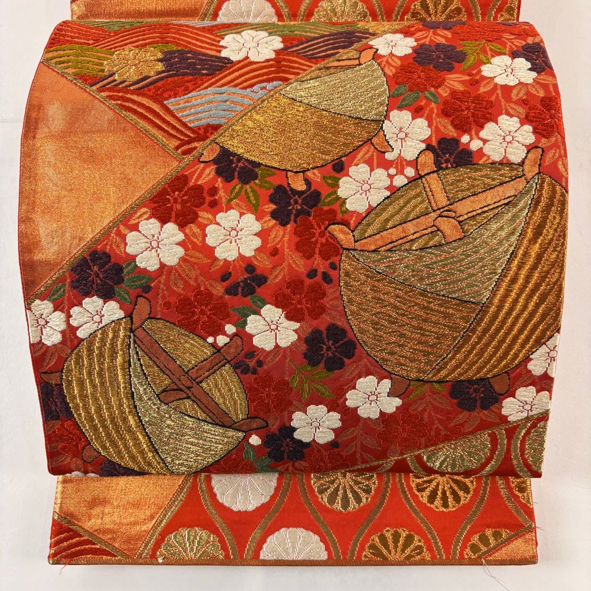袋帯 逸品 河合美術織物 落款 関西仕立て 糸巻き 枝垂れ桜 唐織 箔