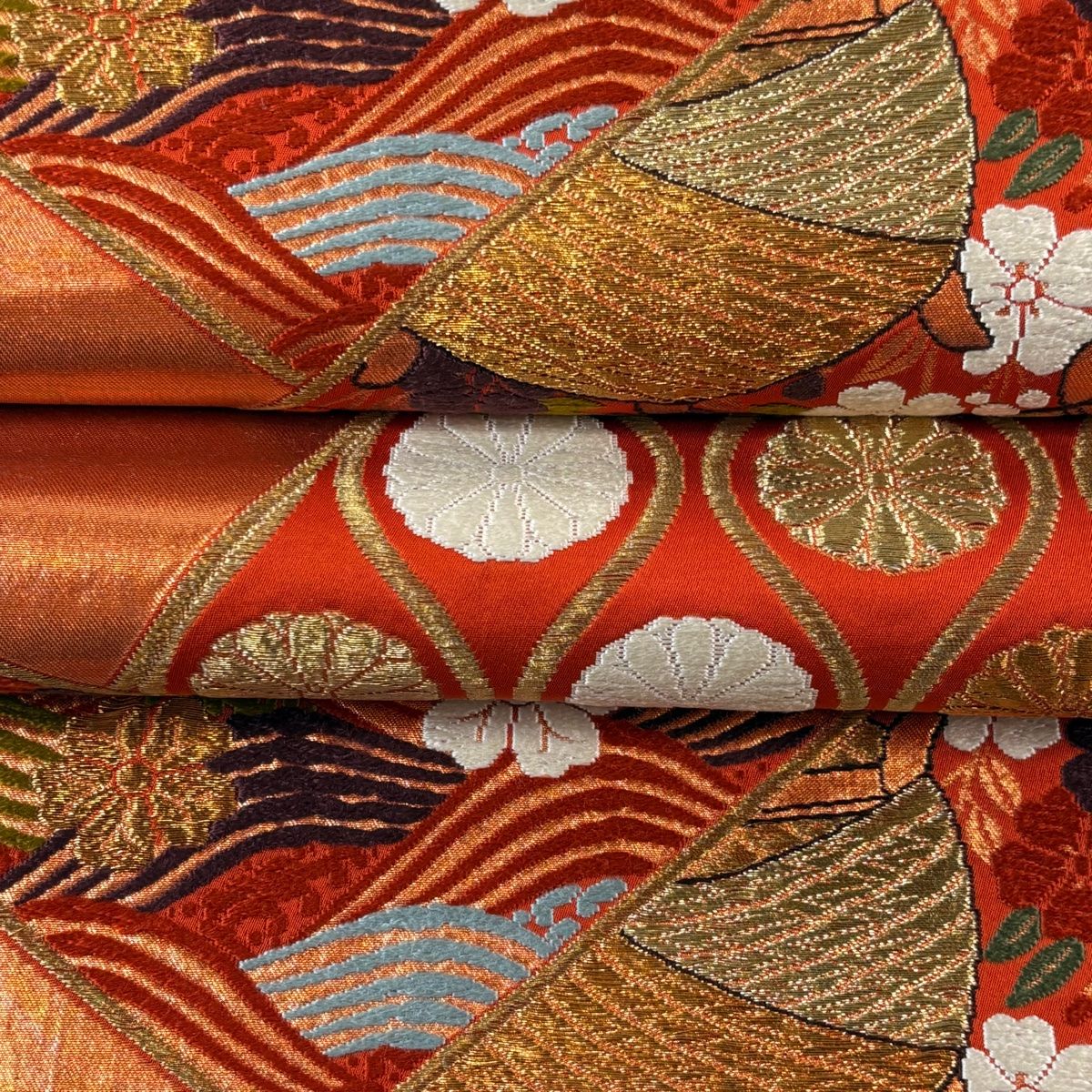 専用帯4015 3736 二点セット ●河合美術織物謹製 高級 正絹 六通 袋帯 袋帯 逸品 河合美術織物 落款 関西仕立て 糸巻き 枝垂れ桜 唐織 箔