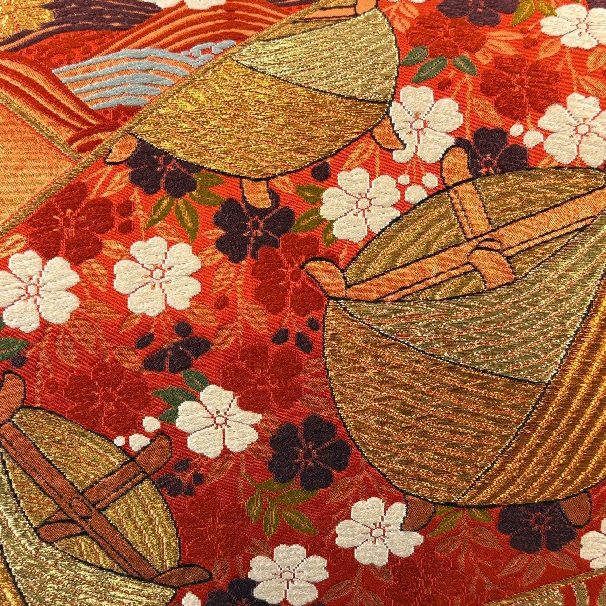 袋帯 逸品 河合美術織物 落款 関西仕立て 糸巻き 枝垂れ桜 唐織 箔