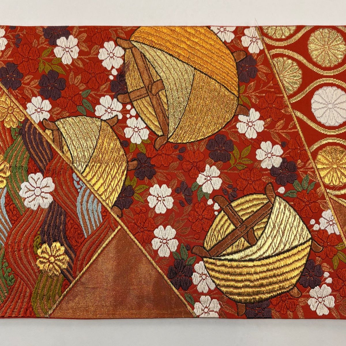 袋帯 逸品 河合美術織物 落款 関西仕立て 糸巻き 枝垂れ桜 唐織 箔