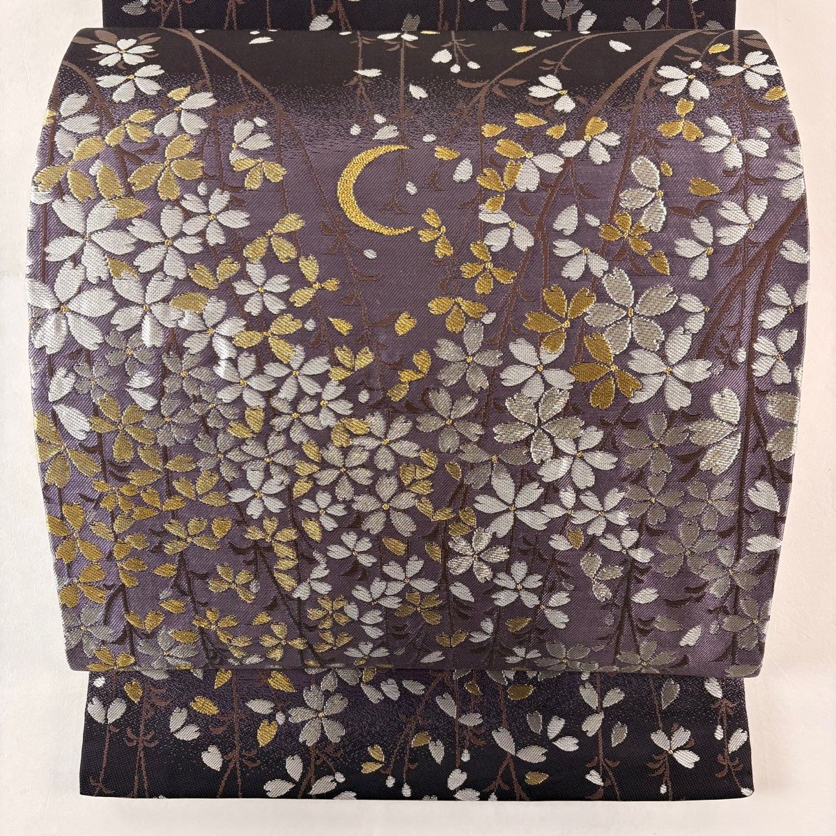 美品】 袋帯 逸品 誉田屋源兵衛 落款 枝垂れ桜 三日月 金銀糸 濃紫