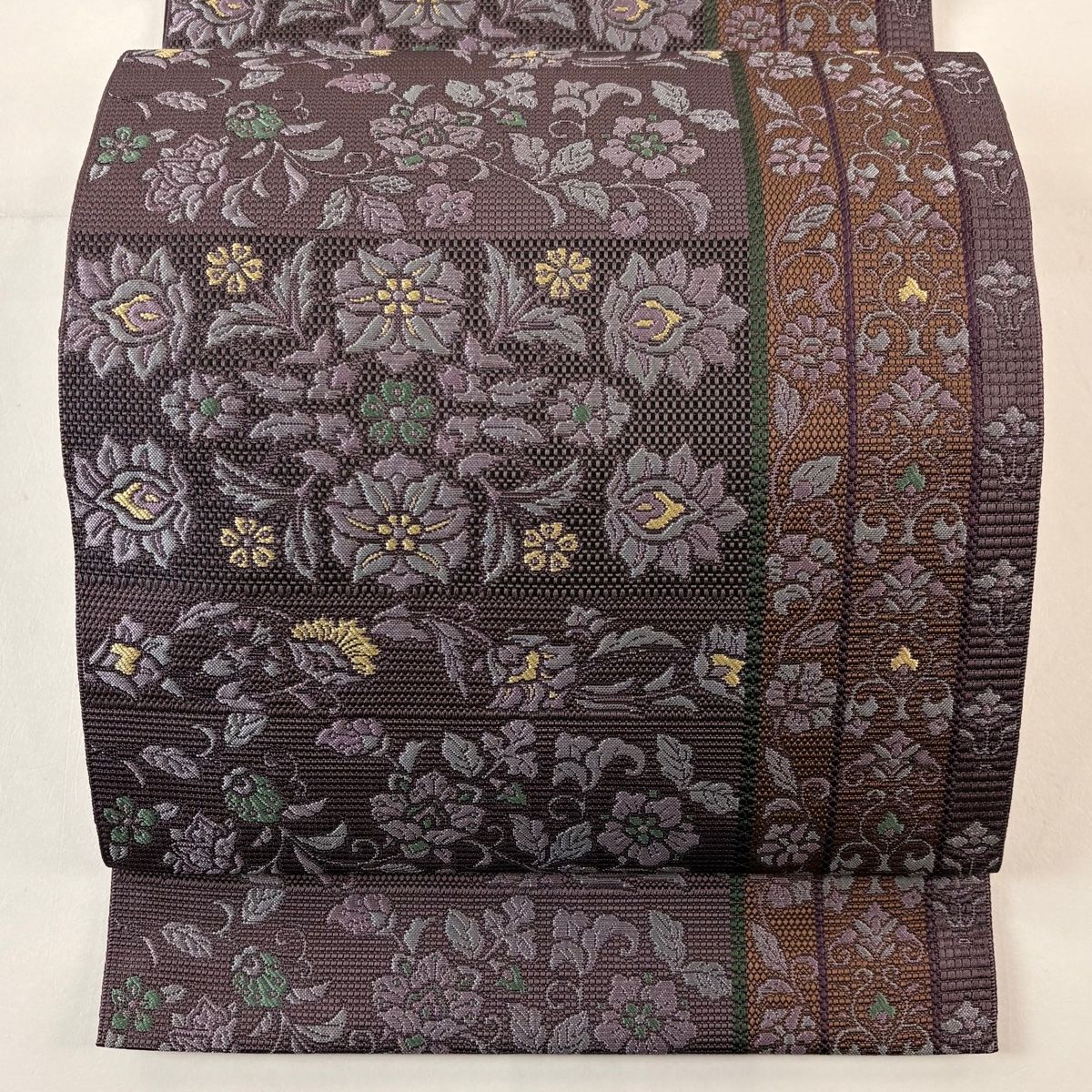 名古屋帯 八寸名古屋帯 草花 縞 紫 正絹