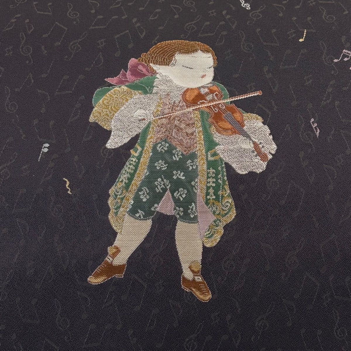 袋帯 二代目 由水十久 監修 リバーシブル 人物 音符 青黒 お太鼓柄 正絹