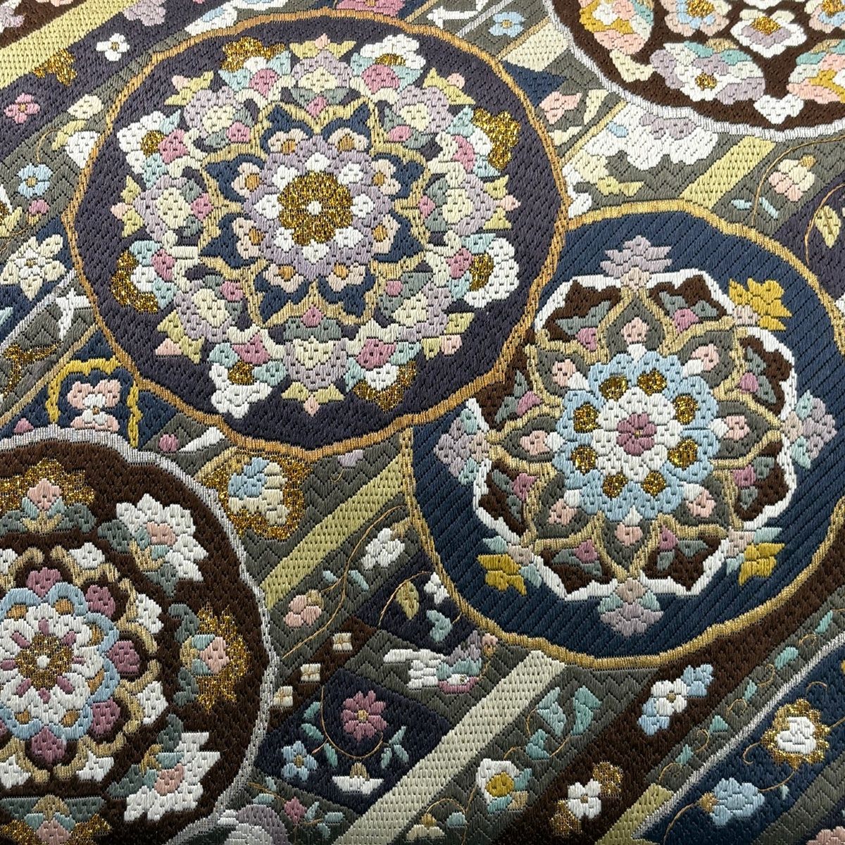 袋帯 鏡裏文 花鳥 箔 刺繍 灰緑 全通 正絹