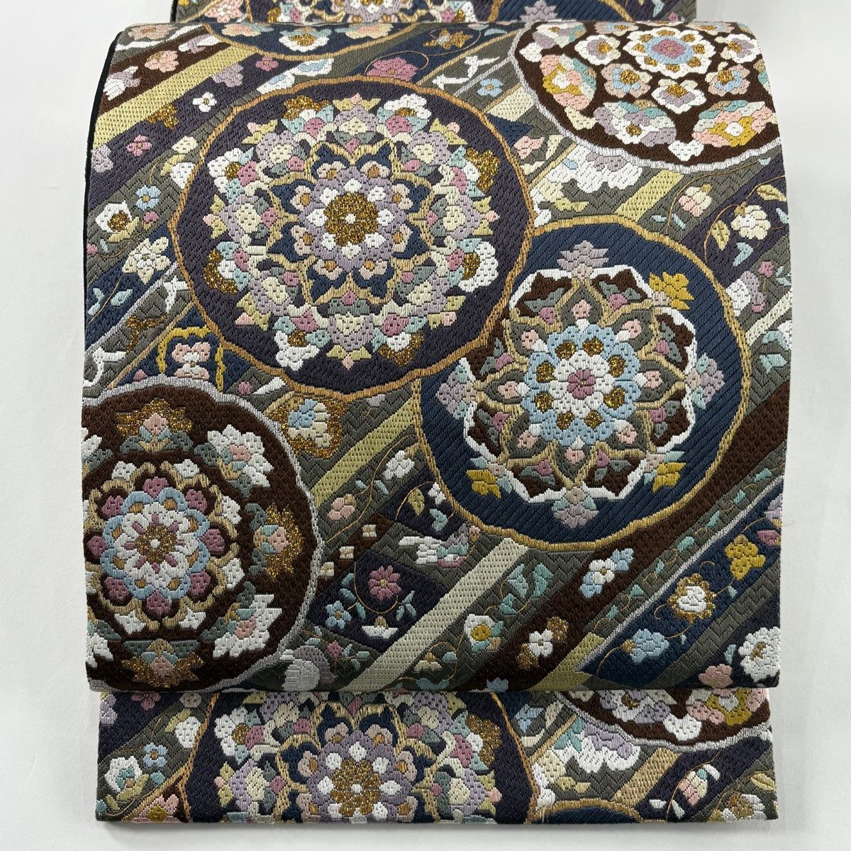 袋帯 鏡裏文 花鳥 箔 刺繍 灰緑 全通 正絹