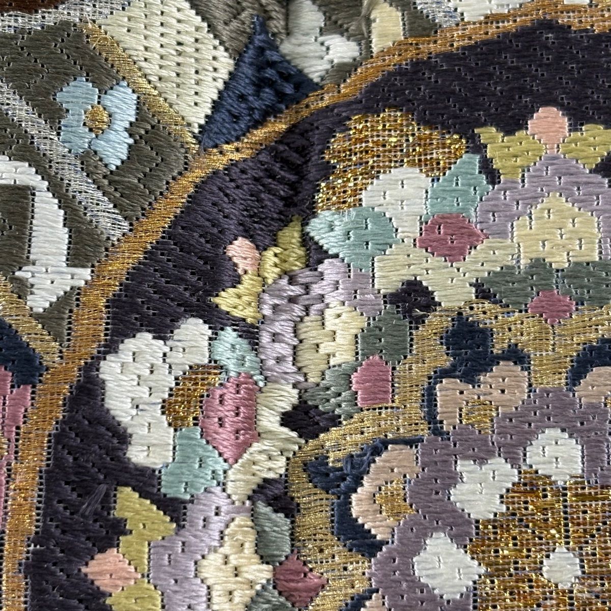  袋帯 鏡裏文 花鳥 箔 刺繍 灰緑 全通 正絹 袋帯 帯