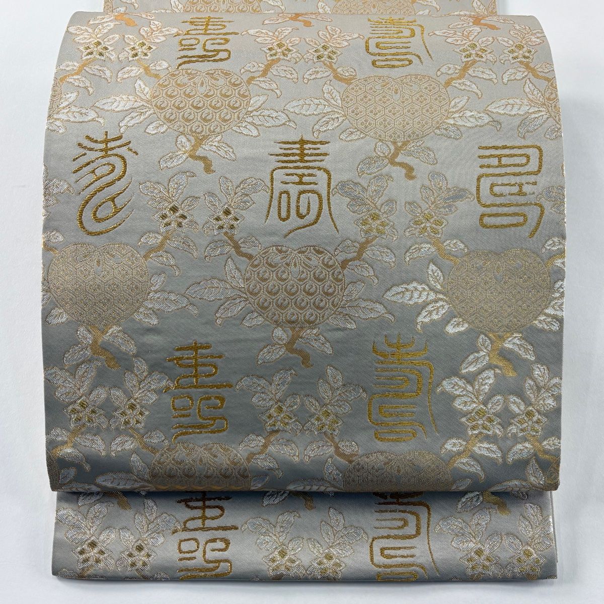 美品】 袋帯 逸品 龍村晋 落款 名物寿橘金錦 金糸 箔 灰色 全通 正絹