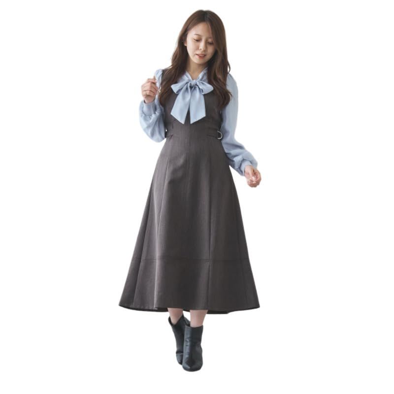 ミッシュマッシュ ジャンパースカート ワンピース レイヤード フェミニン シンプル ベーシック 着回し サイドベルト バックゴム ヘリンボーン スタイルアップ レディース BROWN