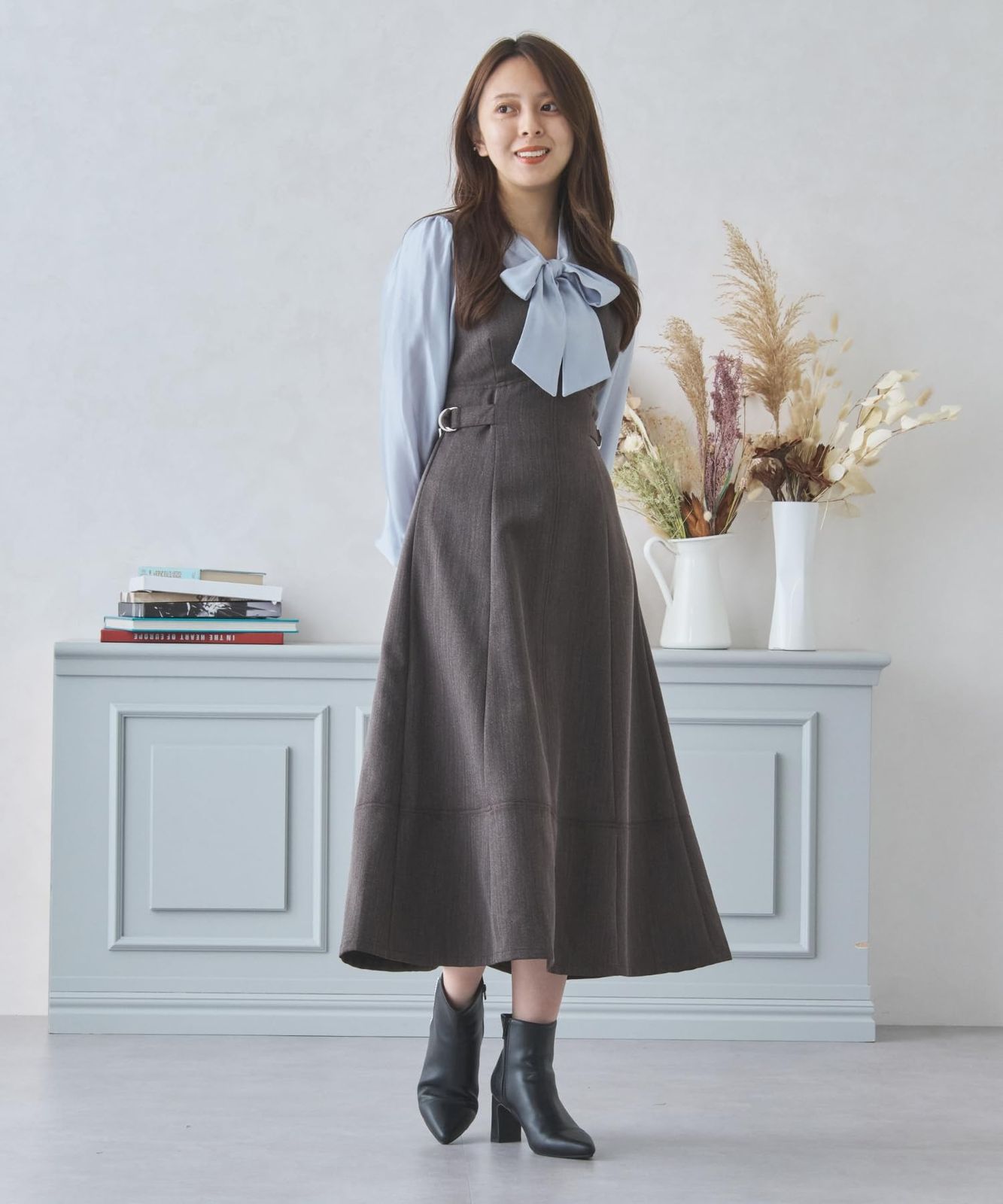 ミッシュマッシュ ジャンパースカート ワンピース レイヤード フェミニン シンプル ベーシック 着回し サイドベルト バックゴム ヘリンボーン スタイルアップ レディース BROWN