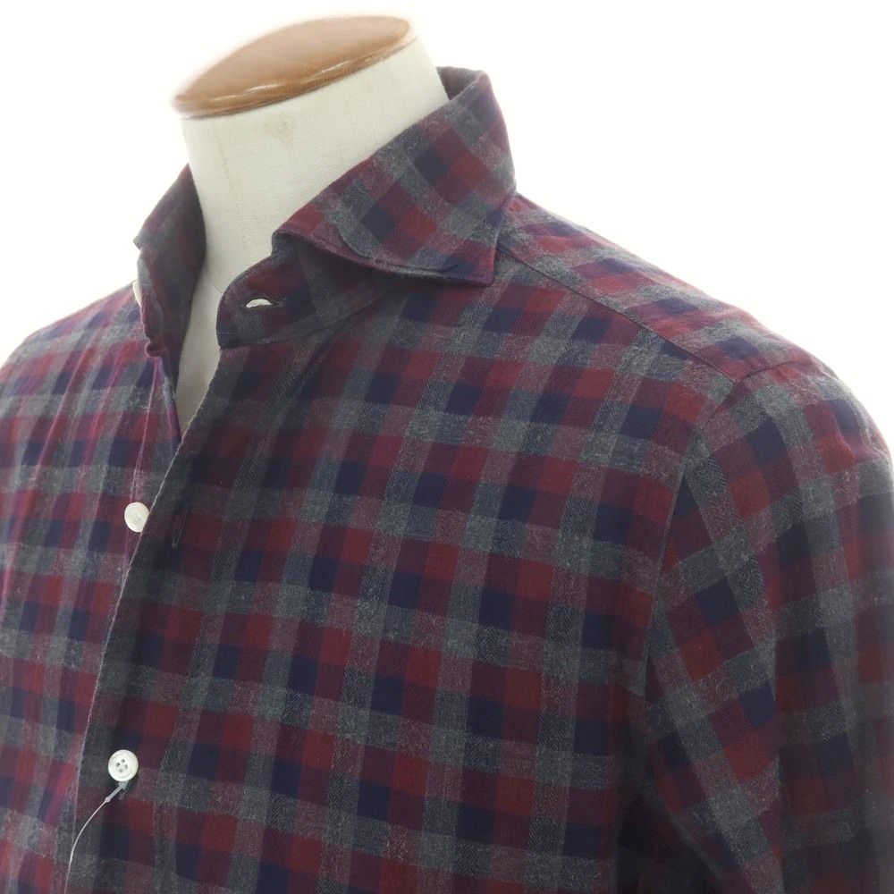 フィナモレ 美品 FINAMORE ホリゾンタルカラー チェックシャツ M 青系 中古】フィナモレ Finamore コットン チェック ホリゾンタルカラー