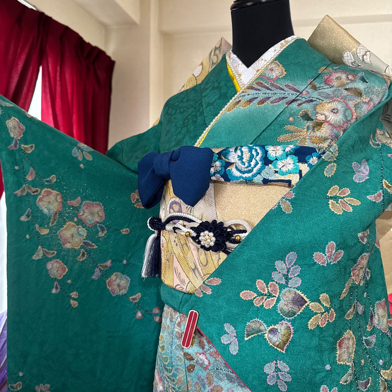 リクエスト品 辻が花 振袖 緑色 絞り 金銀彩 箔 紅葉 暈し染 地紋 正絹