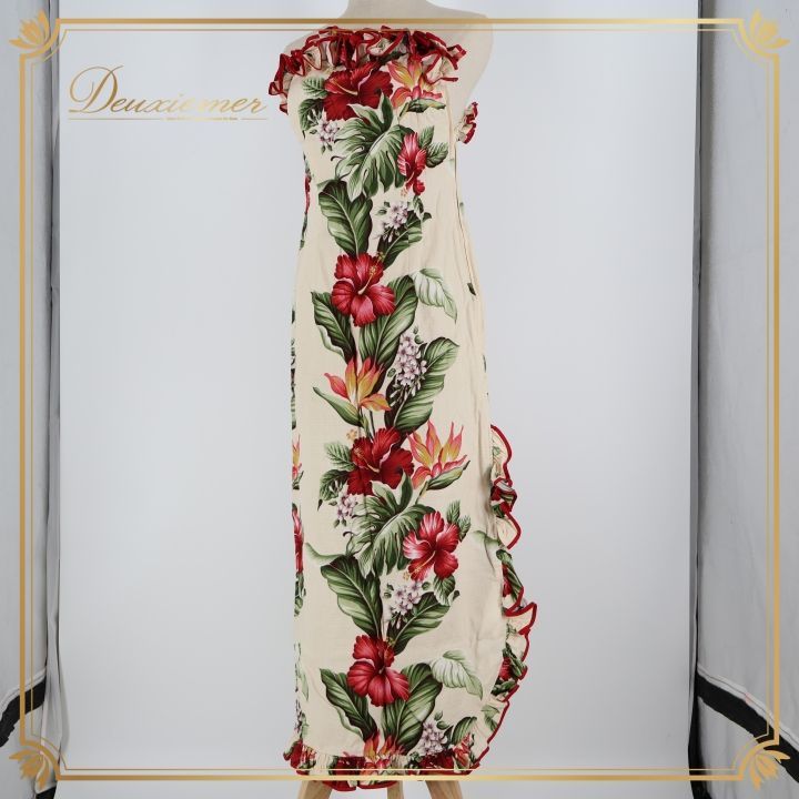 フラダンス 衣装 ワンピース ドレス ホワイト系 チューブトップ スリット フリル ハイビスカス柄 花柄 リーフ柄 可愛い 大胆 華やか 鮮やか 明るい レッド系 ハワイアン アロハ ハワイアンプリント フラ ダンス レッスン 練習 フラワー ハワイ