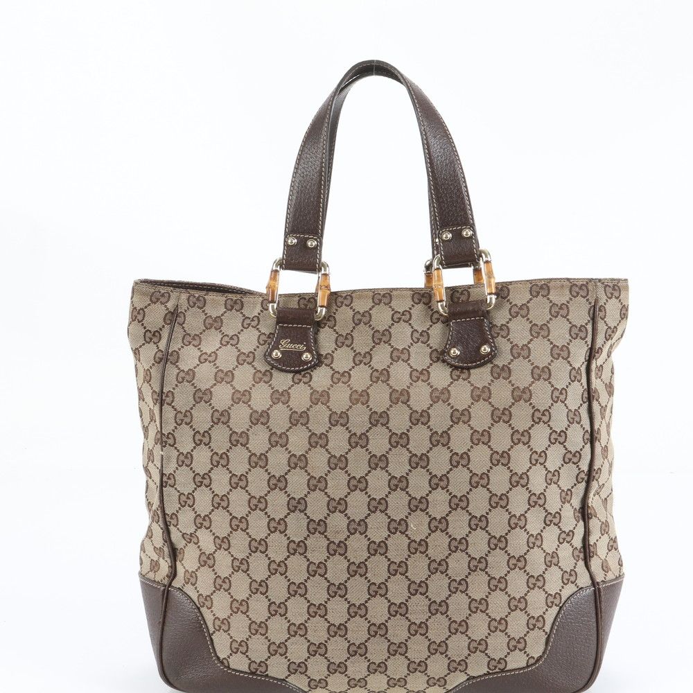 美品 グッチ GG キャンバス バンブー レザー トート バッグ 肩掛け