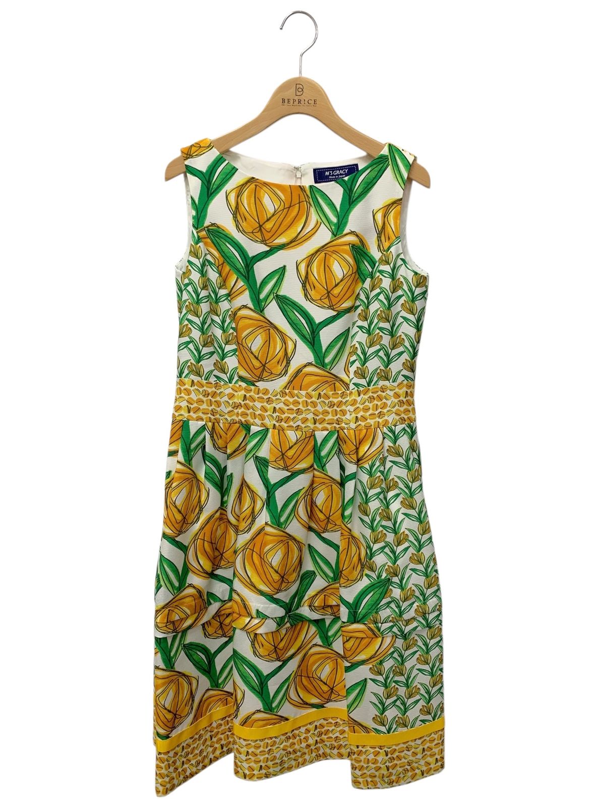 エムズグレイシー フラワーパターンミックスドレス 111330 ワンピース 38 イエロー