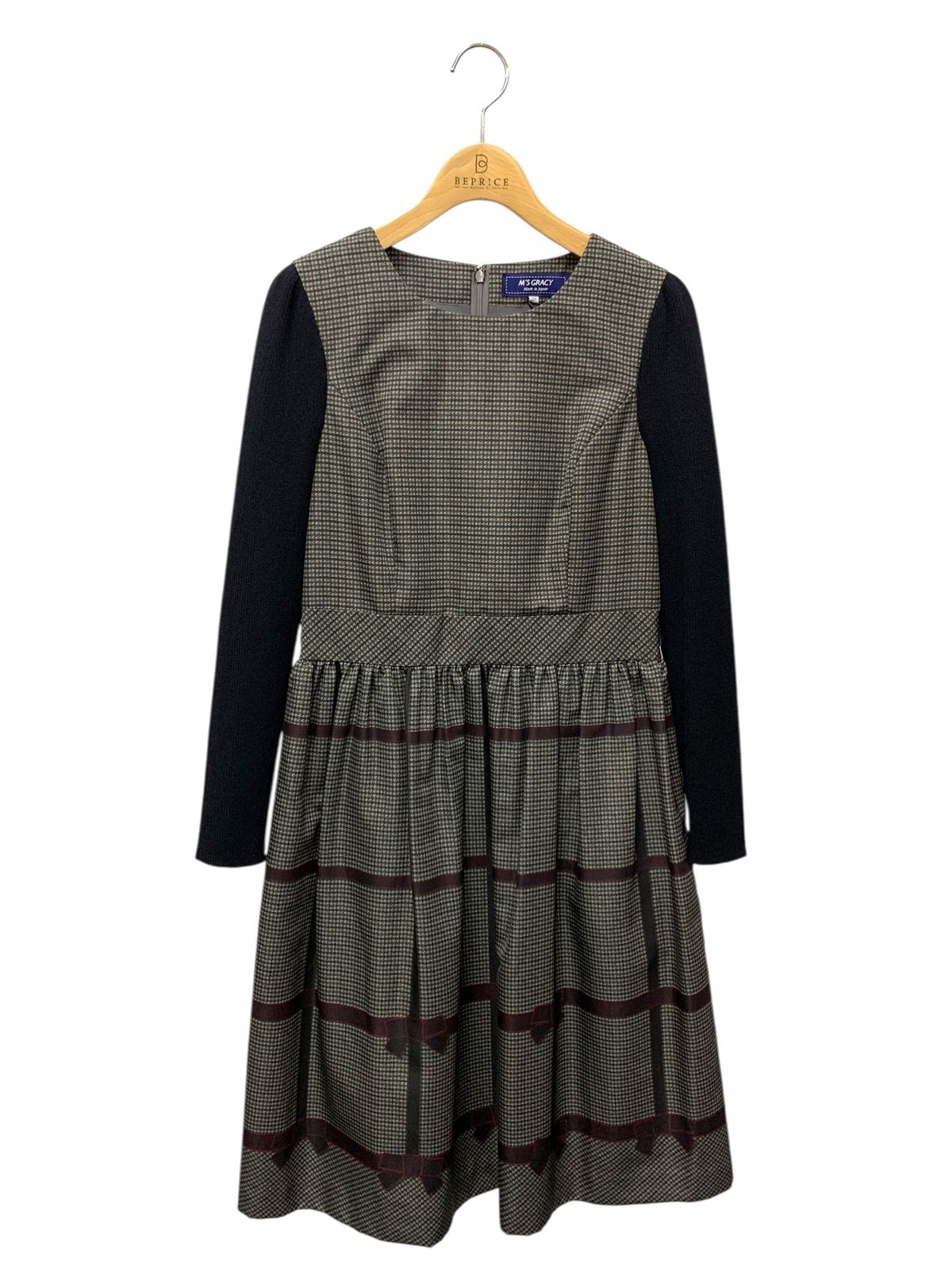 エムズグレイシー 111503 ワンピース 38 グレー リボンプリント 切替