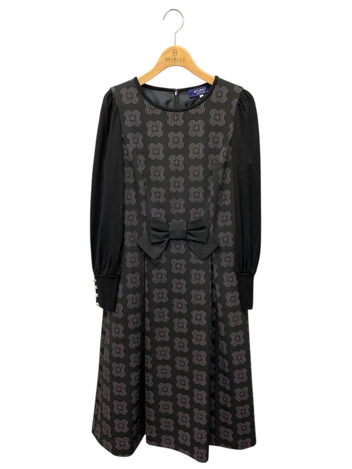 エムズグレイシー 211604 ワンピース 40 ブラック フラワーモチーフ ウール