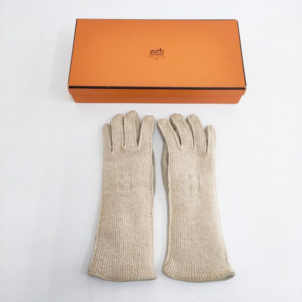 HERMES レザー手袋 ベージュ HERMES レザー/カシミヤ Hロゴ サイズ6 1/2 手袋 ベージュ レディース
