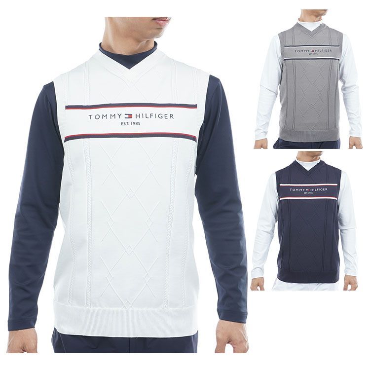 トミーヒルフィガー ゴルフ ベスト メンズ ニットベスト セーターベスト Vネック 軽量 ゴルフウェア ブランド ケーブル柄 ライン 春 秋 冬 THMA 560