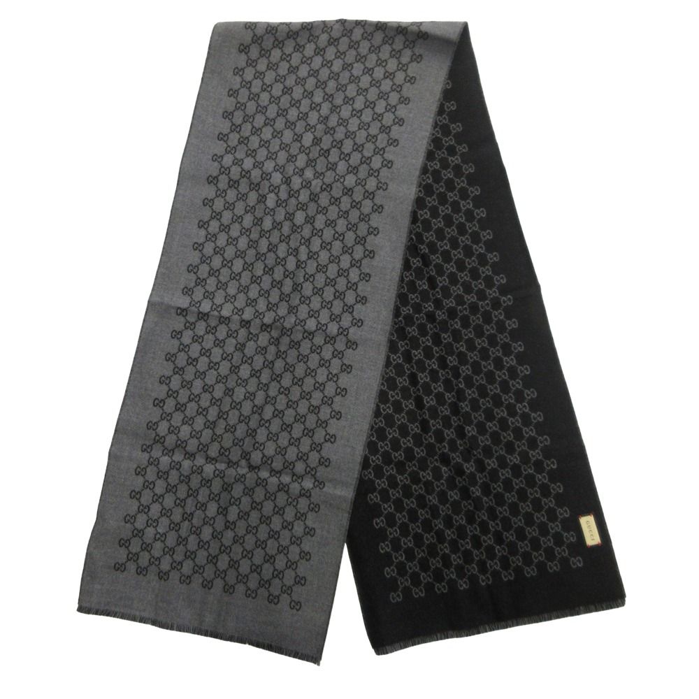 GUCCI グッチ ダブルジャカードGGウール スカーフ マフラー ストール 33 175 cm グレー 黒 ブラック レディース 古着