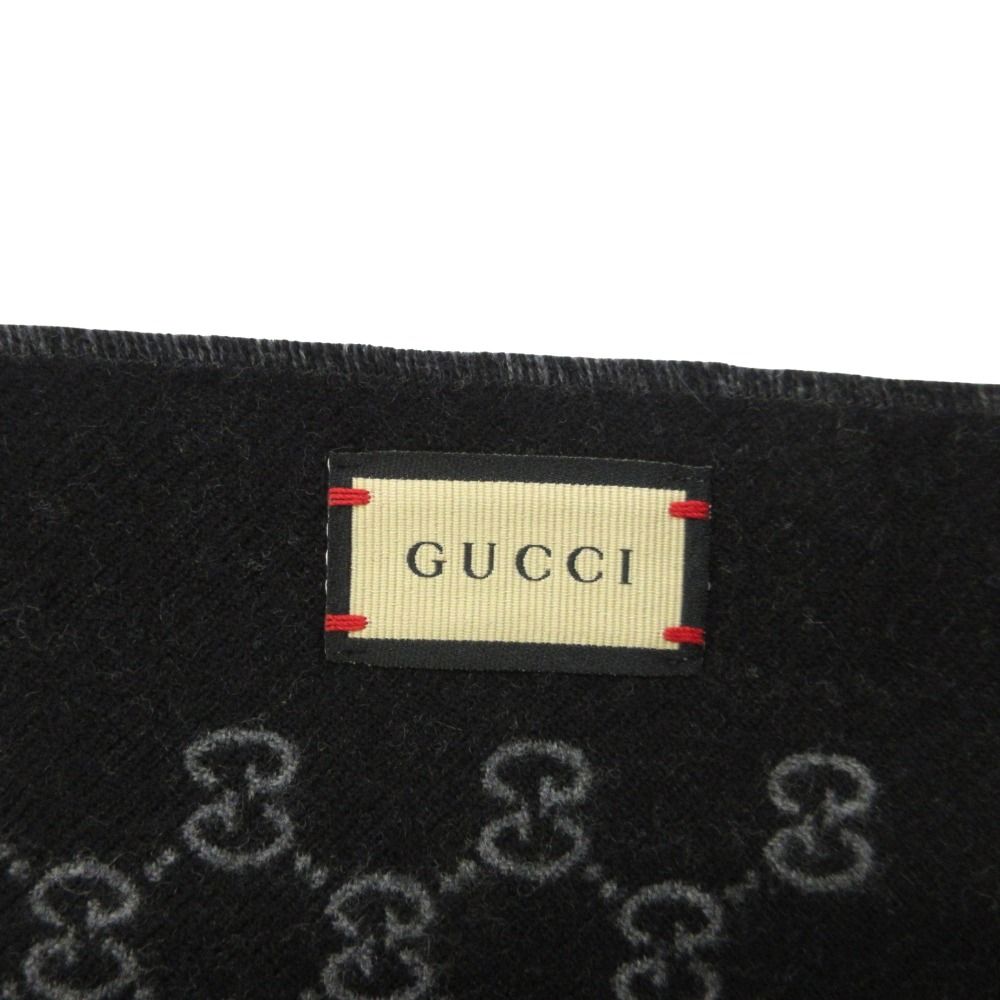  GUCCI グッチ ダブルジャカードGGウール スカーフ マフラー ストール 33 175 cm グレー 黒 ブラック レディース 古着 マフラー 小物