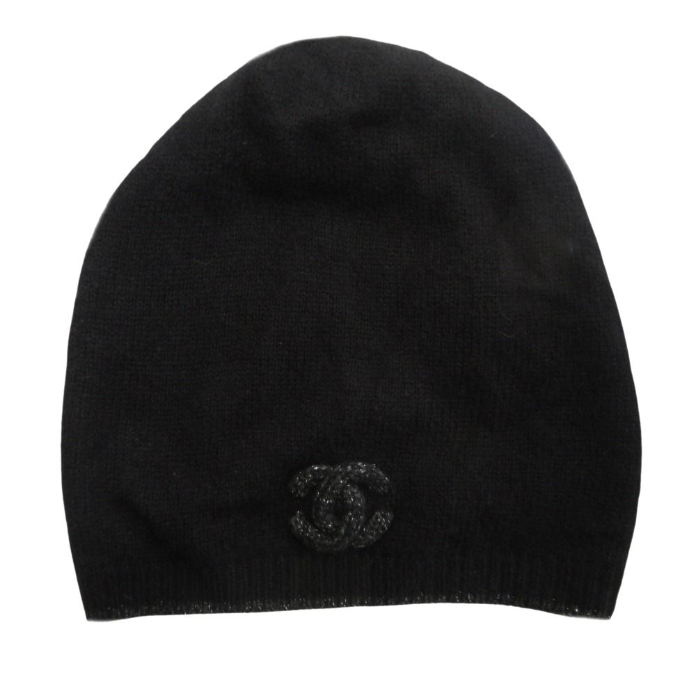 CHANEL シャネル ココマーク カシミヤ シルク ニット帽 ビーニー キャップ ラメ ロゴ 黒 ブラック グレー レディース 古着