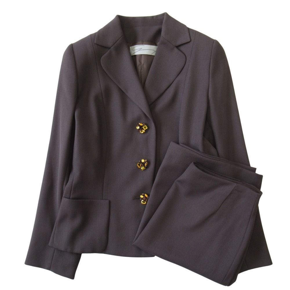 GENNY ジェニー ウール セットアップ スーツ ジャケット スカート ビジューボタン サイズ40 茶 ブラウン レディース 古着