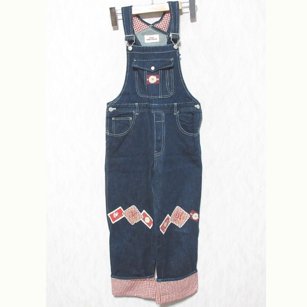 全国無料，爆買い 美品 BABY PINK HOUSE ベビーピンクハウス フラワー パッチ ワッペン デニム オーバーオール キッズサイズ LL インディゴ キッズ 古着 中古 USED オーバーオール