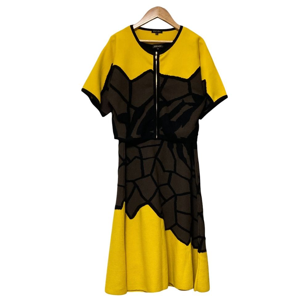 ESCADA エスカーダ ニットジャケット ワンピース アンサンブル セットアップ サイズS M イエロー ブラック レディース 古着