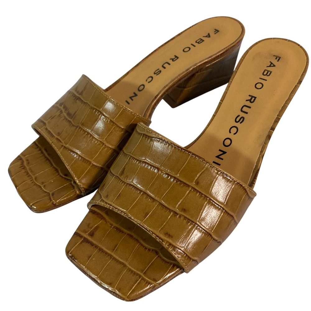 FABIO RUSCONI ファビオルスコーニ クロコ型押し スクエアトゥ ミュール サンダル サイズ37 約24 cm ブラウン レディース 古着