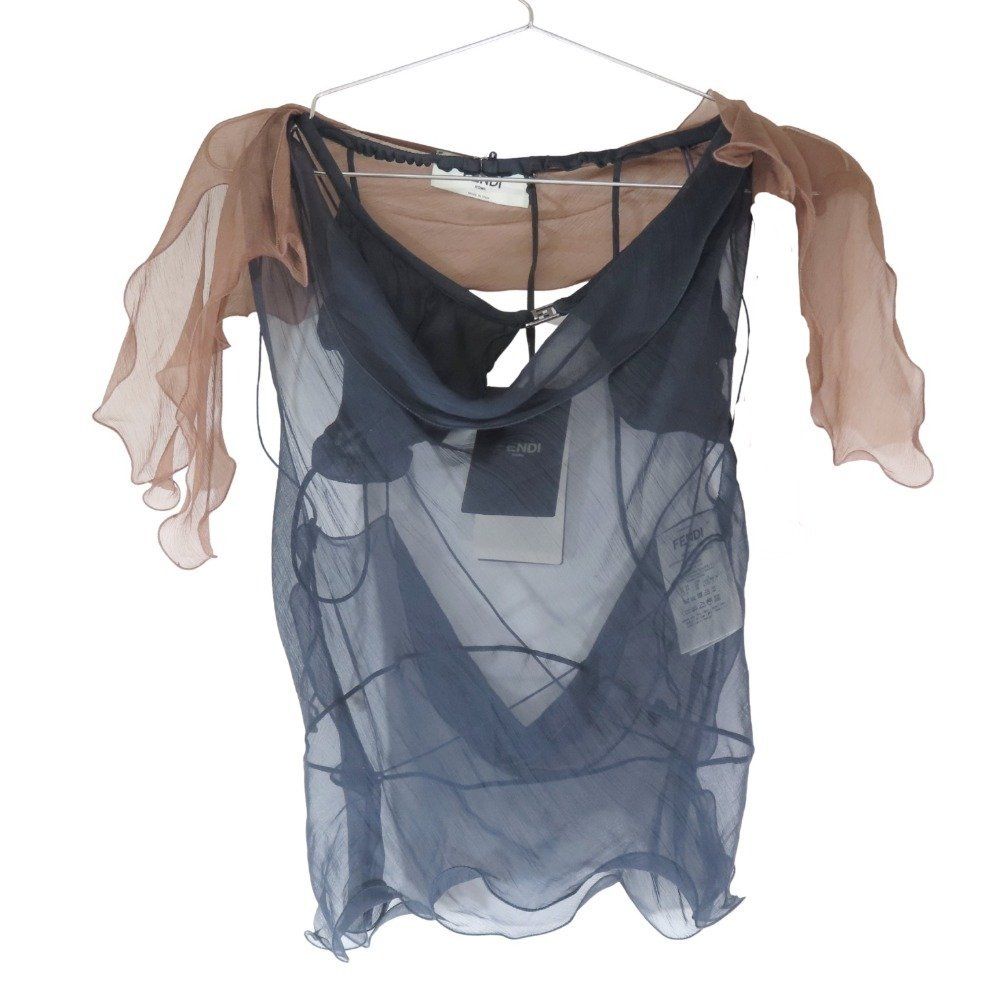 22年製 FENDI フェンディ シルク シアー ノースリーブ カットソー キャミソール インナー付 FFロゴ金具 シースルー 38 紺 茶 レディース 古着
