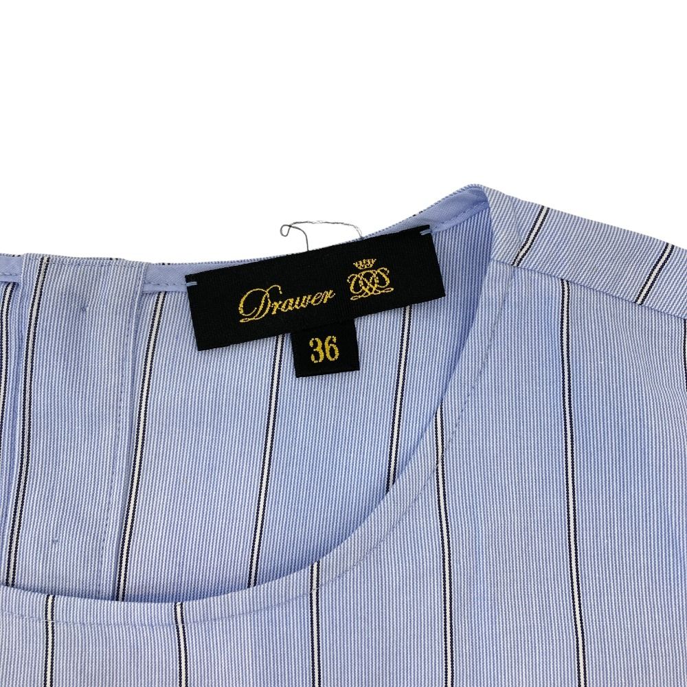 DRAWER / レイヤーノーカラーブラウス/38/コットン/ブルー/ストライプ/6521-299-1143 美品 24SS DRAWER ドゥロワー レイヤーノーカラーブラウス 6521-299